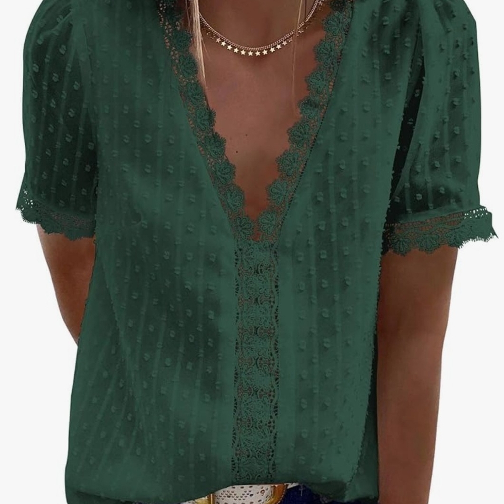 Green V Neck Lace Crochet Tunic Top Small